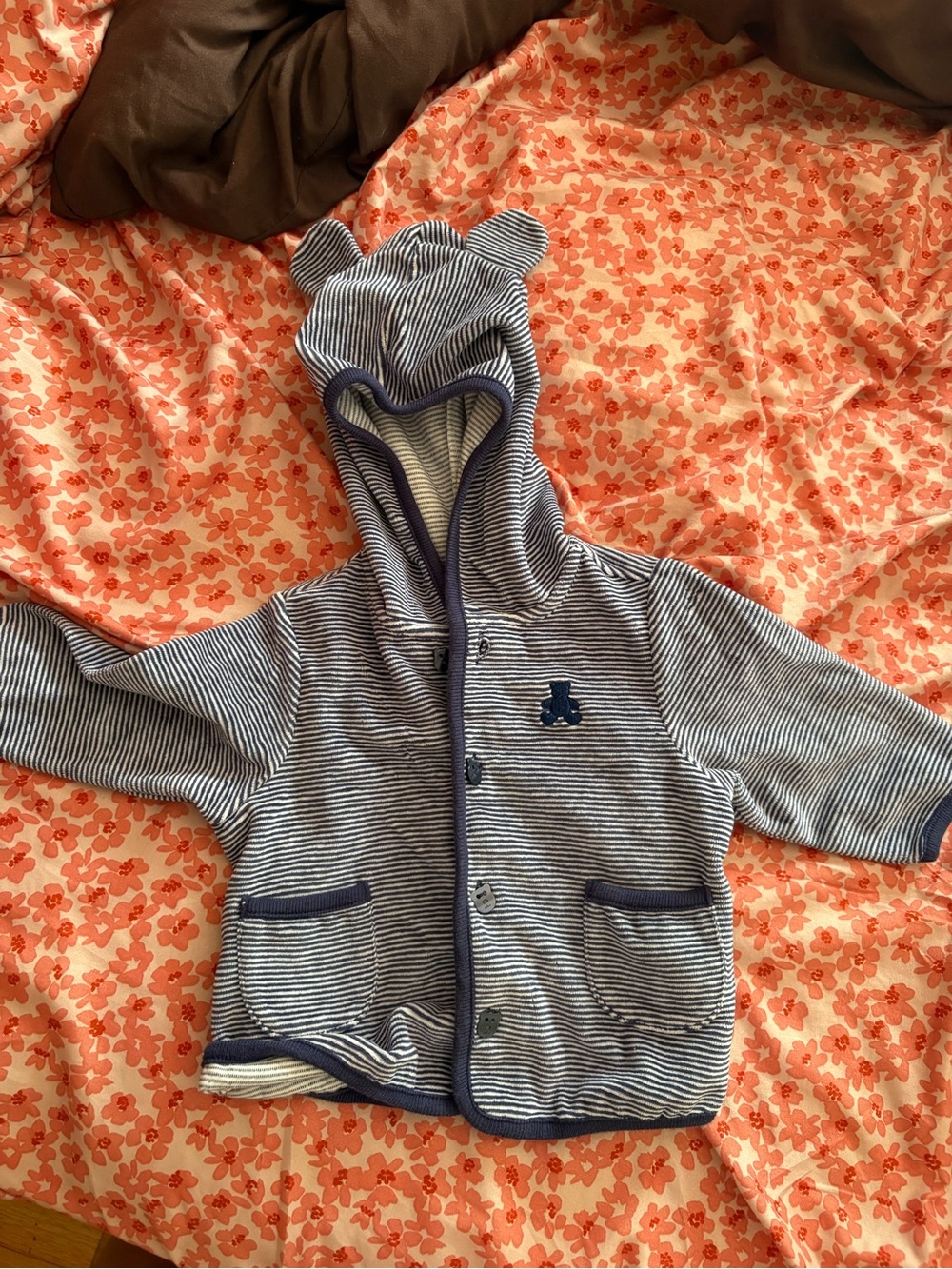 First Impressions Navy & White Striped Bear-Ear Hooded Baby Jacket